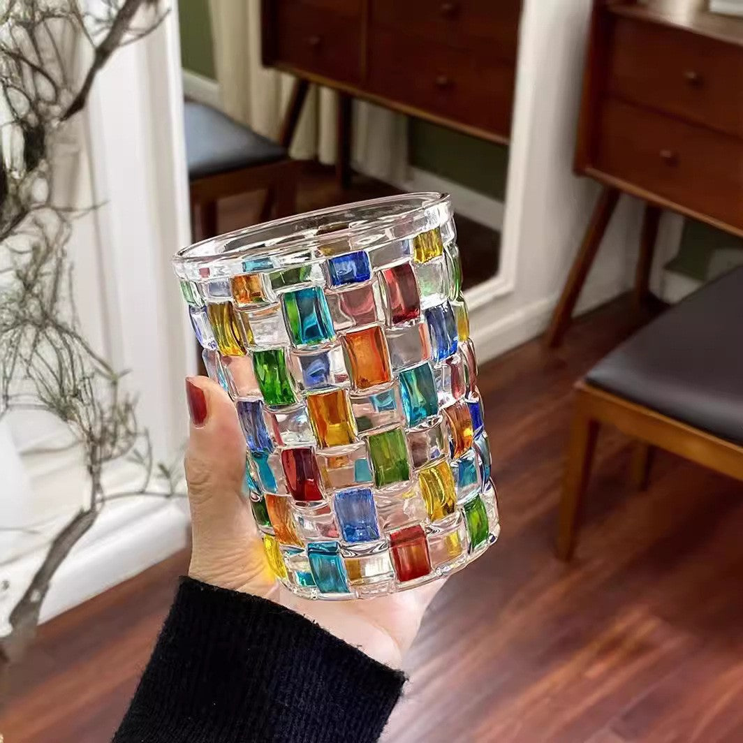 Colorful Mosaic Juice,  Whiskey Glass, 270ml Hand-Painted Style Checkered Drinking Tumbler