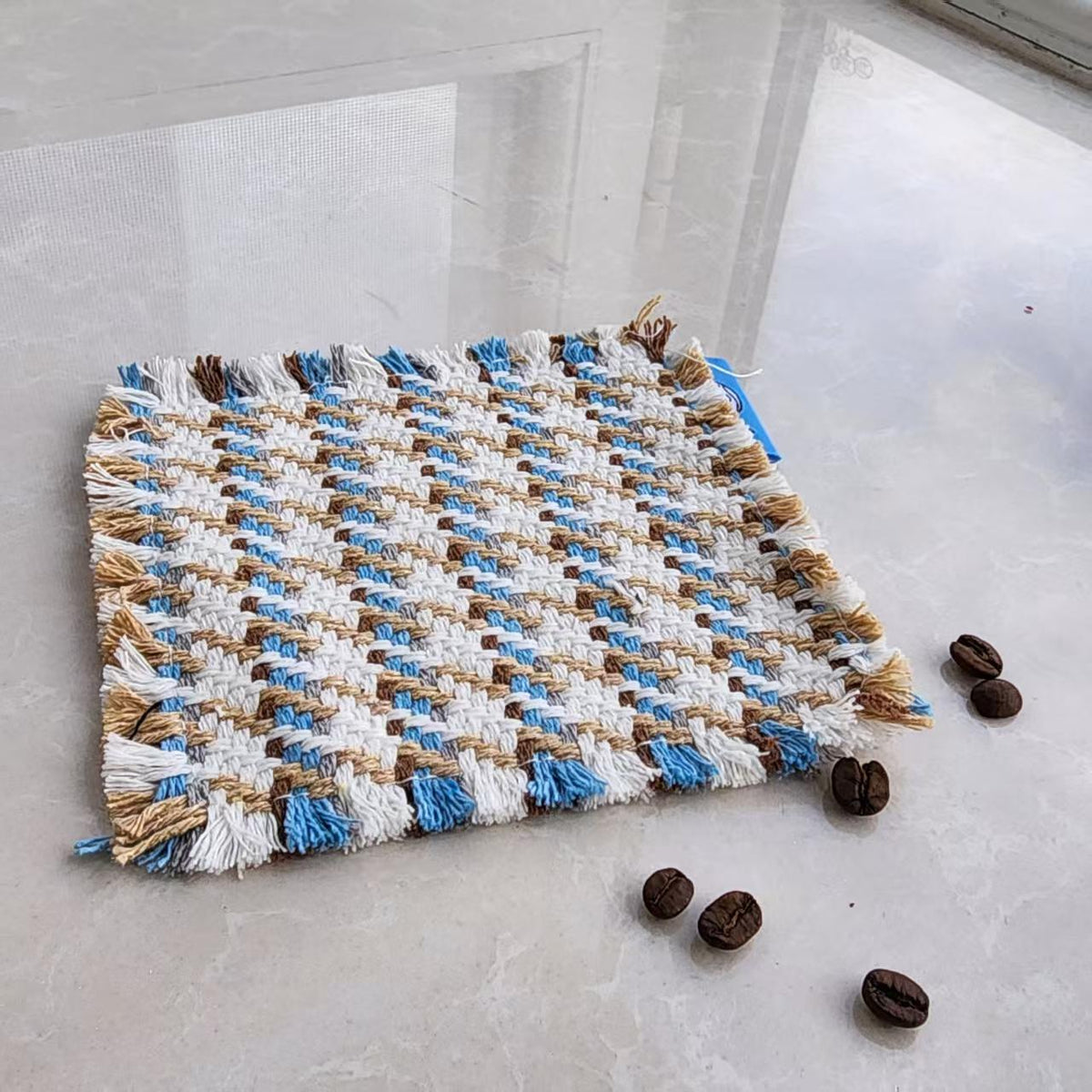 Woven Cotton Coasters Set of 4 – Square Cup Mats with Fringed Edges