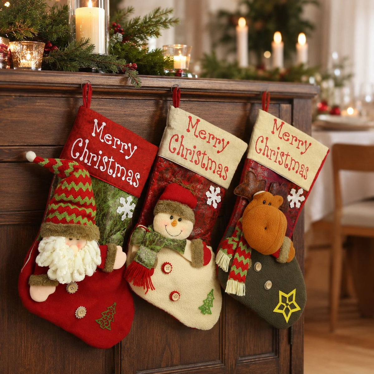 Christmas Stocking with 3D Character – Large 47 cm Polyester Fabric Holiday Stocking with Santa, Snowman or Reindeer for Fireplace, Staircase & Christmas Decor