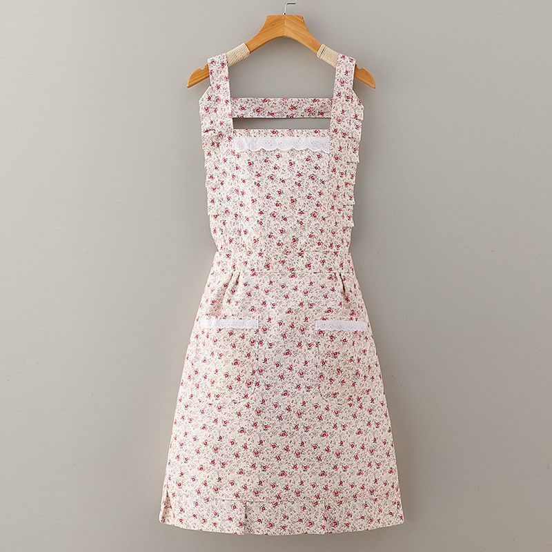 Floral Bib Apron – Vintage Flower Print Kitchen Apron with Front Pockets, Ruffle Trim Cooking Apron for Baking, Gardening & Home Use