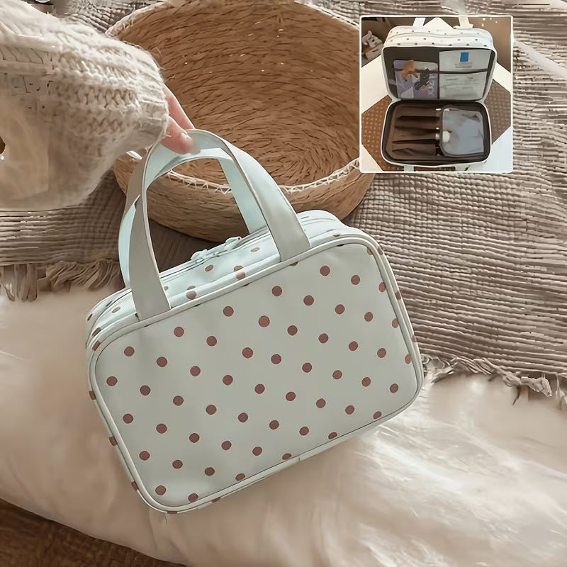 Polka Dot PU Travel Makeup Bag with Handles and Compartments