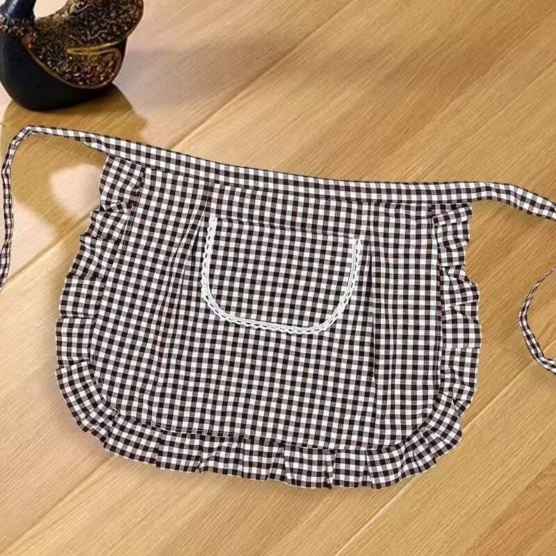 Cotton Linen Half Apron with Pocket, Vintage Gingham Kitchen Waist Apron