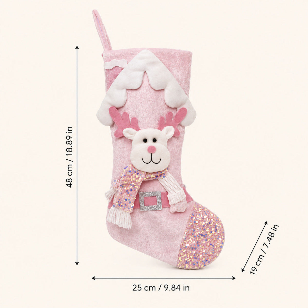 Pink Sequin Christmas Stocking Gift Bag with Plush Holiday Characters