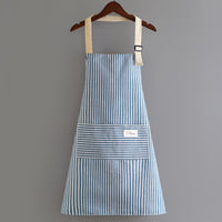 Cotton Linen Striped Kitchen Apron Adjustable Cooking Apron with Front Pockets