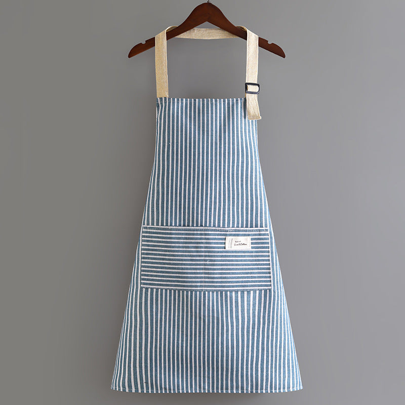 Cotton Linen Striped Kitchen Apron Adjustable Cooking Apron with Front Pockets