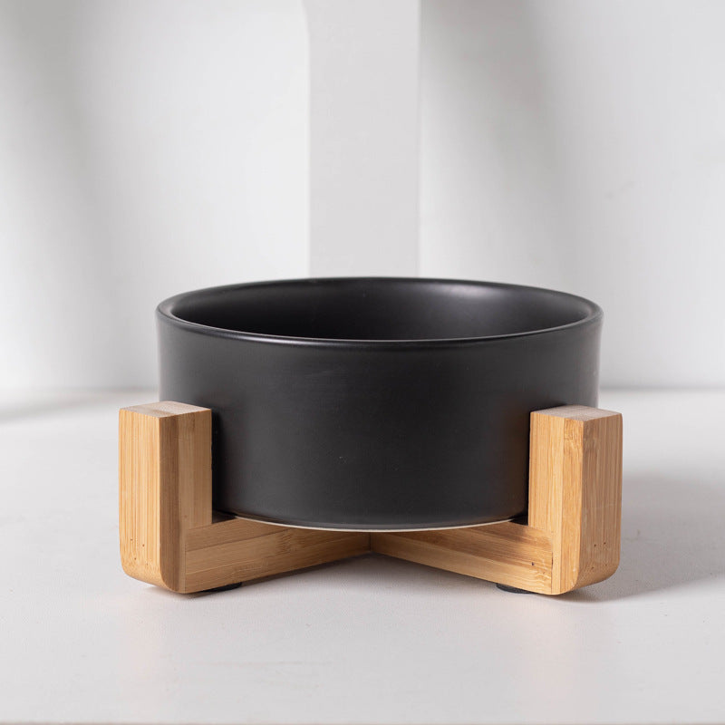 Black Ceramic Cat Food and Water Bowl with Wooden Stand Elevated Pet Feeding Dish