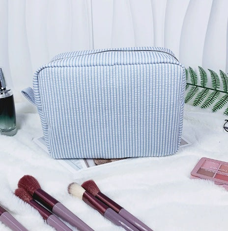 Striped Cotton Makeup Bag with Polyester Lining and Zip Closure