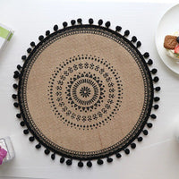 15-Inch Round Jute Placemat – Boho Mandala Printed Table Mat with Fringe, Rustic Farmhouse Dining Décor