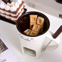 Ceramic Chocolate Fondue Mug Set – Mini Cheese & Dessert Melting Cup with Tea Light Warmer and Fork, 3 Colors