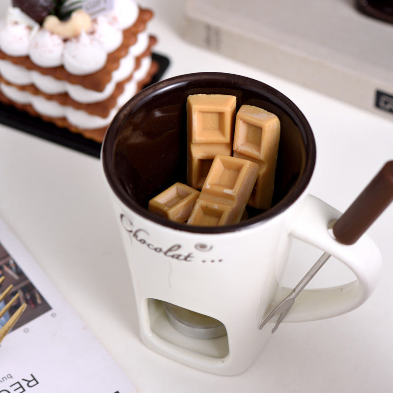 Ceramic Chocolate Fondue Mug Set – Mini Cheese & Dessert Melting Cup with Tea Light Warmer and Fork, 3 Colors