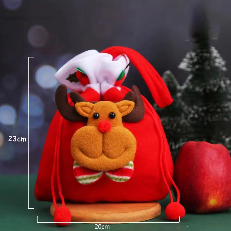 Christmas Plush Drawstring Gift Bag Santa Snowman Reindeer Apple Candy Storage Pouch
