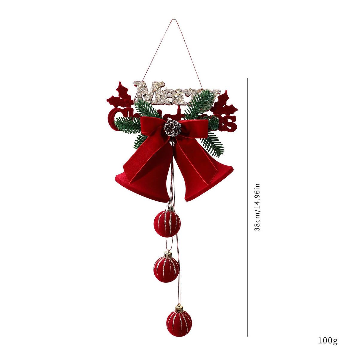 Plastic Christmas Hanging Ornament – Holiday Bell Decoration with Bow & Pine Branch Design for Tree, Door, Wall & Home Decor