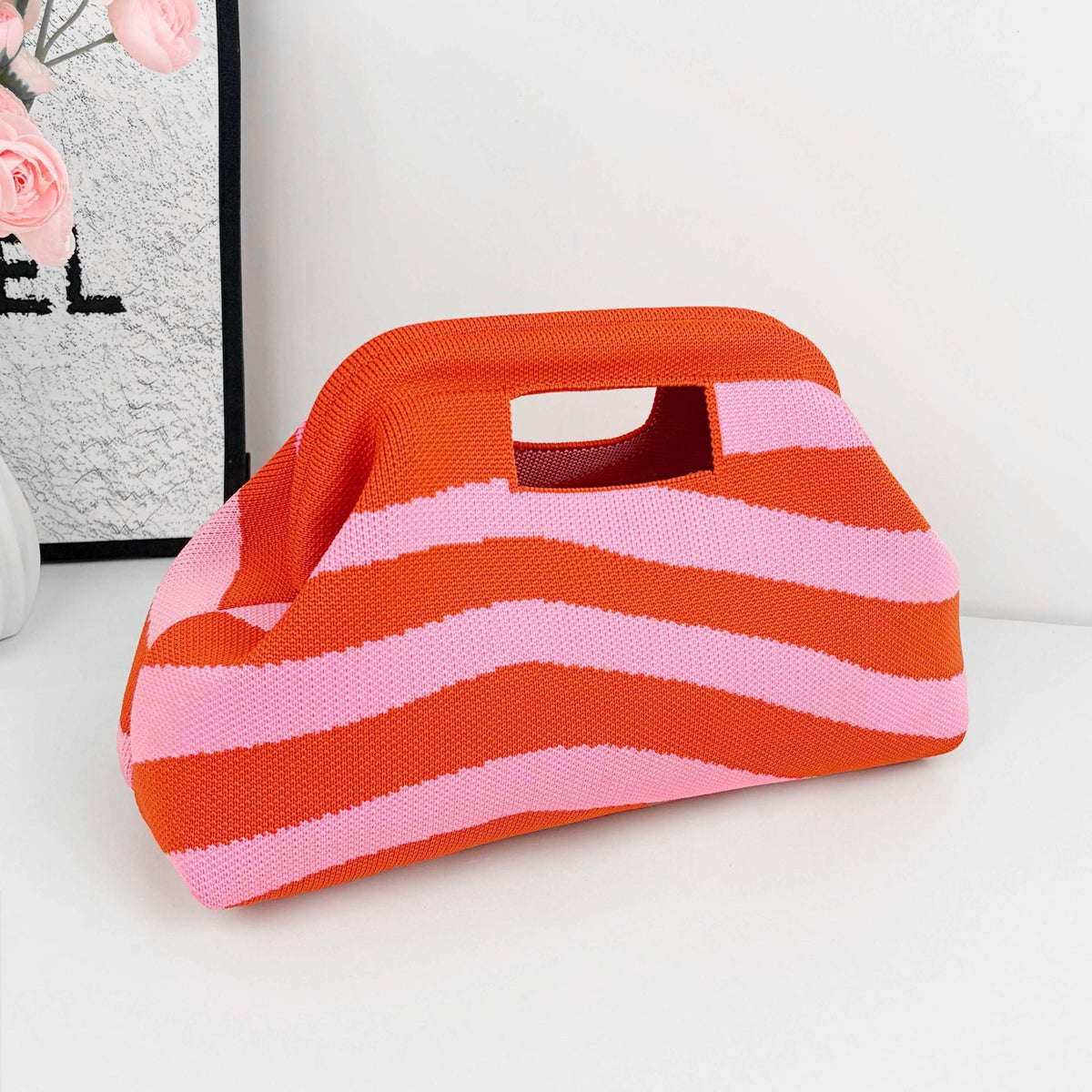 Striped Polyester Handbag with Cutout Carry Handles