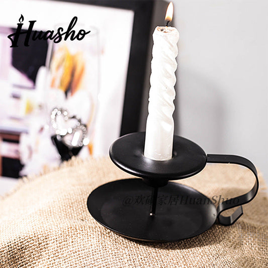 Vintage Black Iron Candle Holder – Handheld Taper Candlestick with Drip Tray for Wedding, Dining Table, Mantel & Home Decor