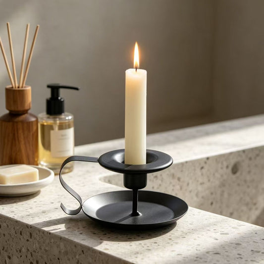 Vintage Black Iron Candle Holder – Handheld Taper Candlestick with Drip Tray for Wedding, Dining Table, Mantel & Home Decor
