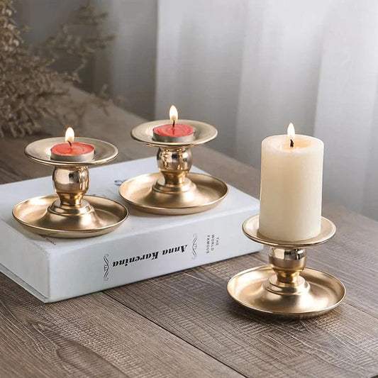 2-Piece Vintage Gold Candle Holder Set – Classic Metal Taper & Tealight Candle Stands for Wedding, Dining Table, Mantel & Home Decor