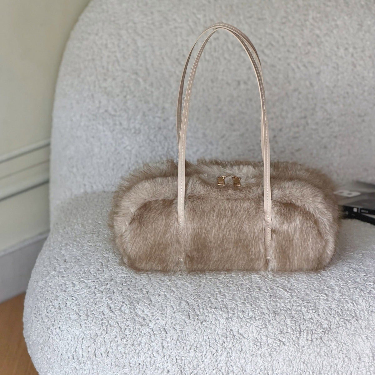Plush Faux Fur Shoulder Bag with Long Handles in Four Colors