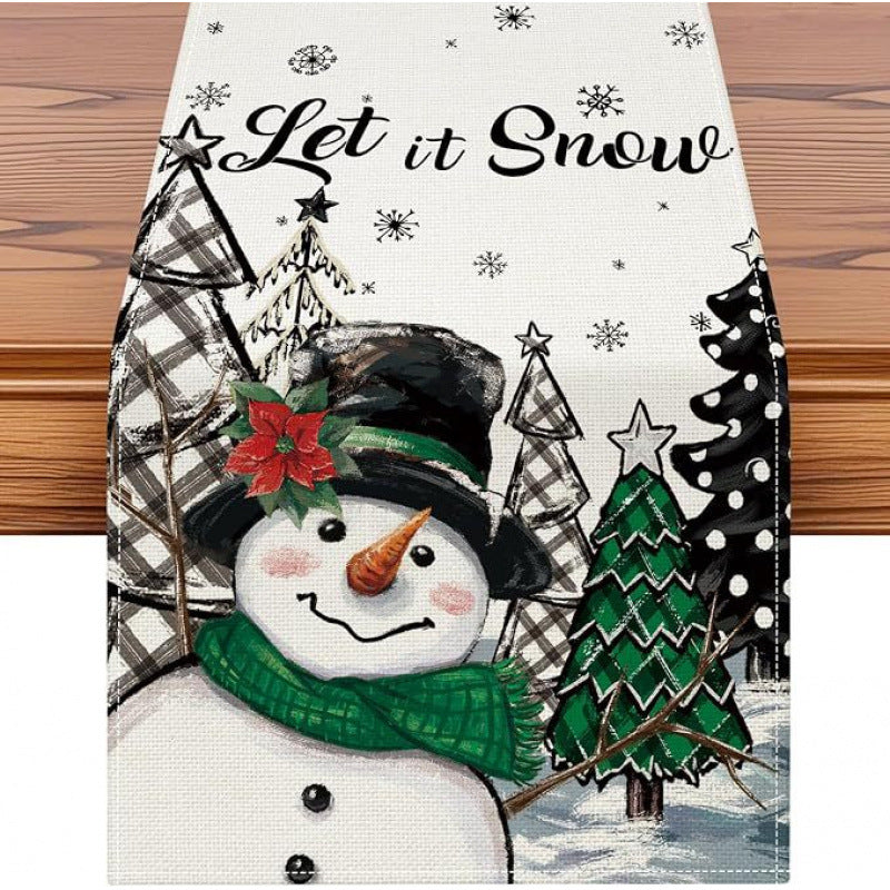 Christmas Snowman Linen Table Runner – Holiday Dining Table Decoration with Winter Snowflake Pattern, Rustic Christmas Home Decor