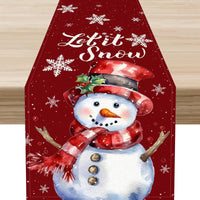 Christmas Snowman Linen Table Runner – Holiday Dining Table Decoration with Winter Snowflake Pattern, Rustic Christmas Home Decor