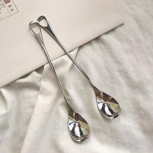 Long Handle Stainless Steel Spoon – Minimalist Coffee & Dessert Spoon with Hollow Loop Handle for Tea, Yogurt & Café Serving