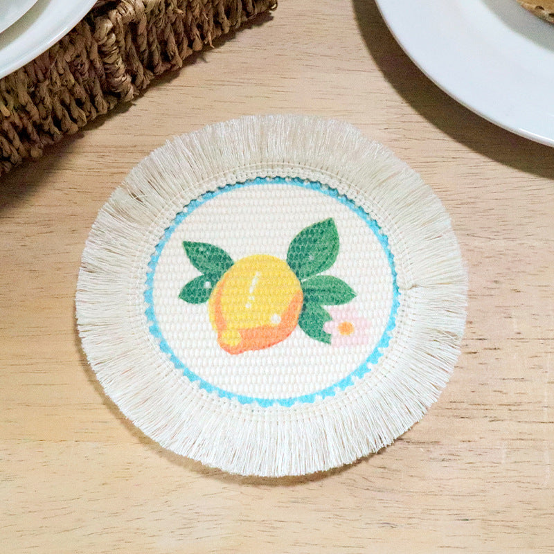 Fresh Floral Tassel Coaster, Round Fabric Mug Mat & Heat Resistant Table Protector