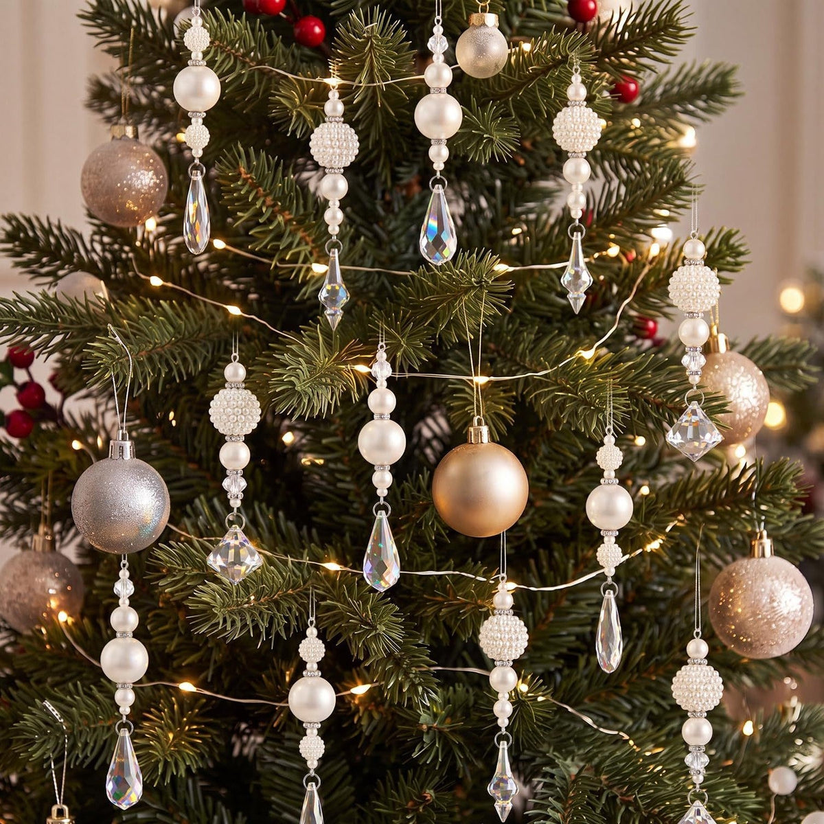 Pearl Look Beaded Christmas Ornaments with Clear Drops