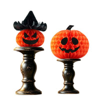 Halloween Honeycomb Paper Pumpkin Decoration, Orange Jack-O-Lantern Tabletop Decor, With or Without Witch Hat