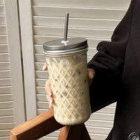 Textured Glass Tumbler with Lid & Straw – 360ml Reusable Drinking Cup