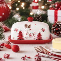 Christmas Ceramic Butter Dish with Lid, Red and White Reindeer and Tree Design