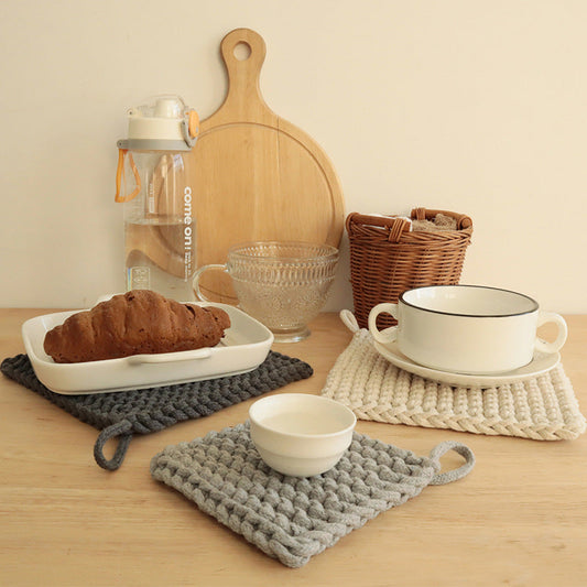 Square Handwoven Coaster – Solid Color Cotton Rope Square Heat Insulation Mat for Cups, Tea Cups, Simple Plate Mat