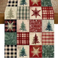 Christmas Patchwork Linen Table Runner – Rustic Holiday Dining Table Decor with Christmas Tree & Snowflake Pattern, Farmhouse Winter Home Decoration