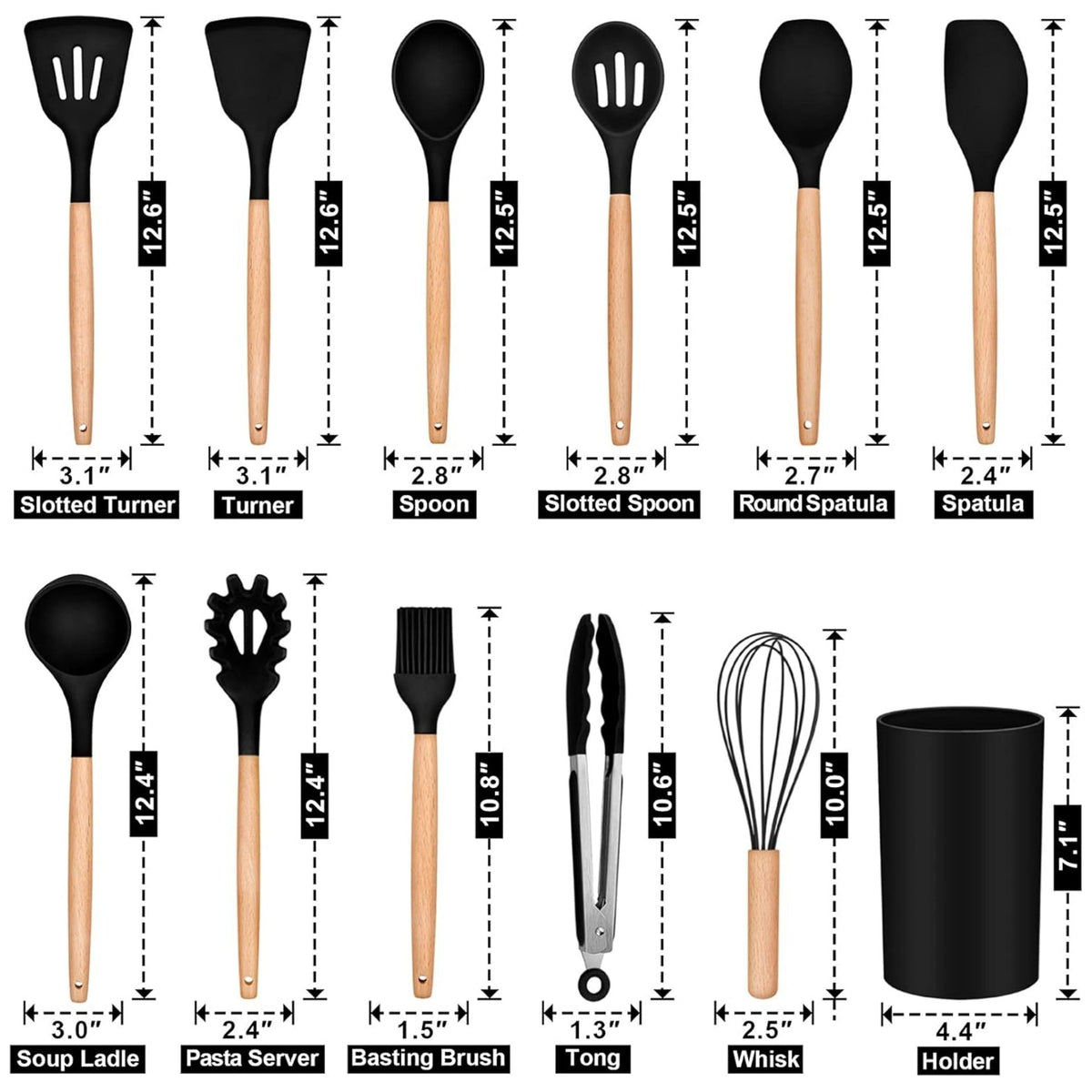 12-Piece Silicone Kitchen Utensil Set with Wooden Handles for Nonstick Cookware