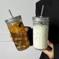 Textured Glass Tumbler with Lid & Straw – 360ml Reusable Drinking Cup
