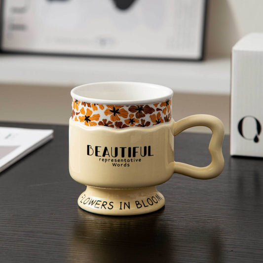 Ceramic Mug – Vintage Floral Pedestal Coffee Cup with Handle for Milk, Tea, Latte, Café, Breakfast & Home Use