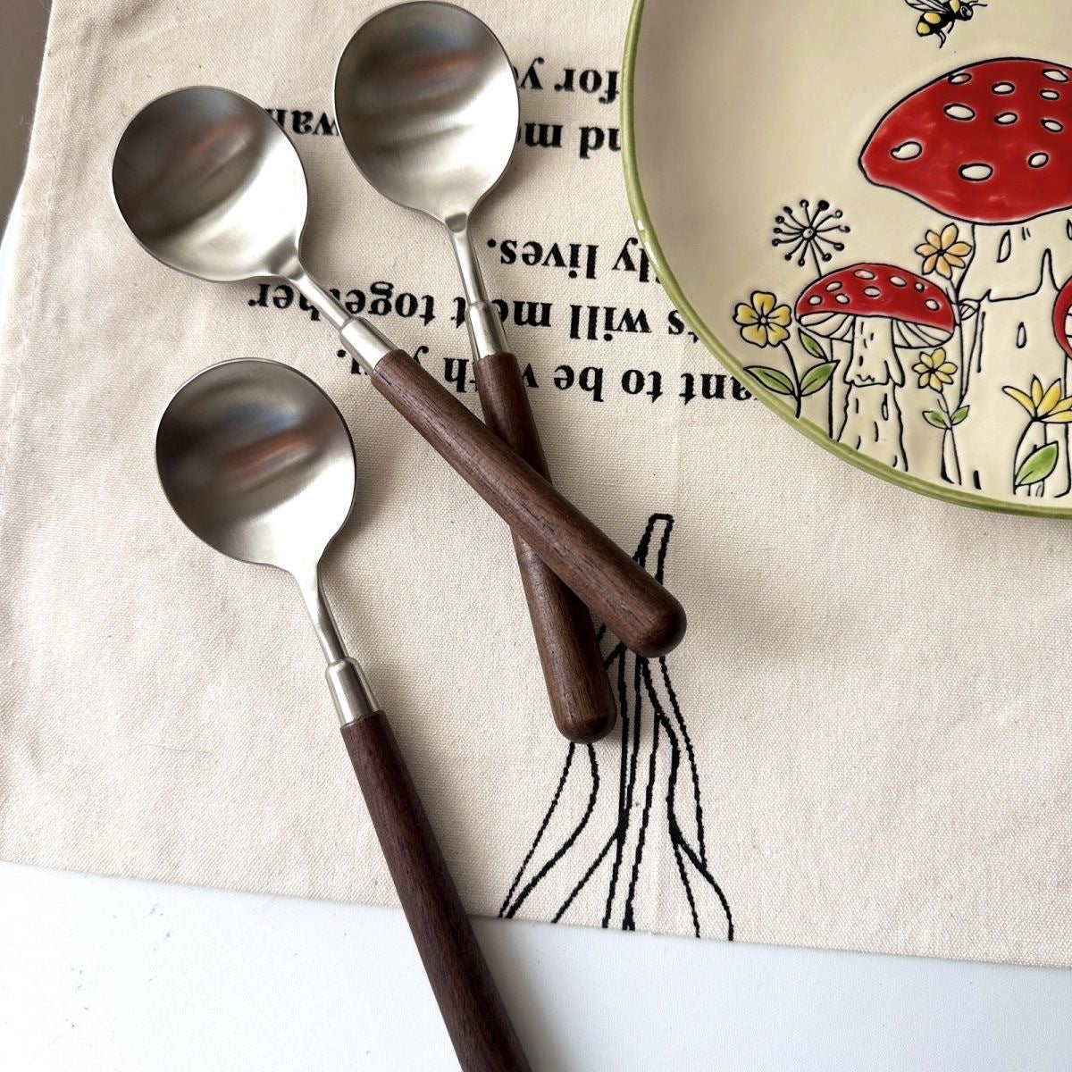 Wood Handle Stainless Steel Spoon – Rustic Table Spoon with Natural Walnut Style Handle for Coffee, Desserts & Dining