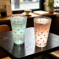 Polka Dot Glass Tumbler – 450ml Clear Drinking Cup with Glass Straw for Iced Coffee, Juice, Soda & Cold Drinks