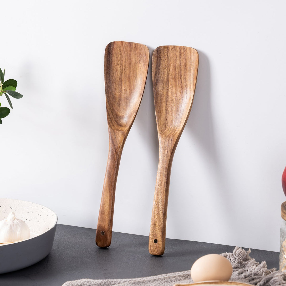 Acacia Wood Cooking Spatula, Deep Curved Wooden Wok Turner
