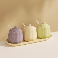 3-Piece Ceramic Condiment Jar Set with Tray and Spoons – Pastel Kitchen Seasoning Containers