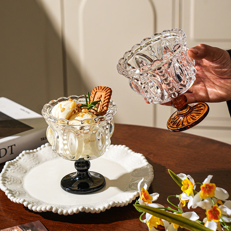 Vintage Glass Dessert Cup, Embossed Pedestal Ice Cream Bowl
