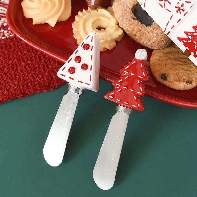 Christmas Tree Butter Knife with Ceramic Handle, Stainless Steel Spreader, Red, White