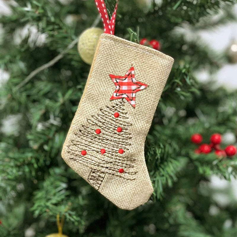 Mini Christmas Stocking Ornament – Rustic Burlap Holiday Hanging Decoration with Gift Box or Christmas Tree Design for Tree, Gift & Home Decor