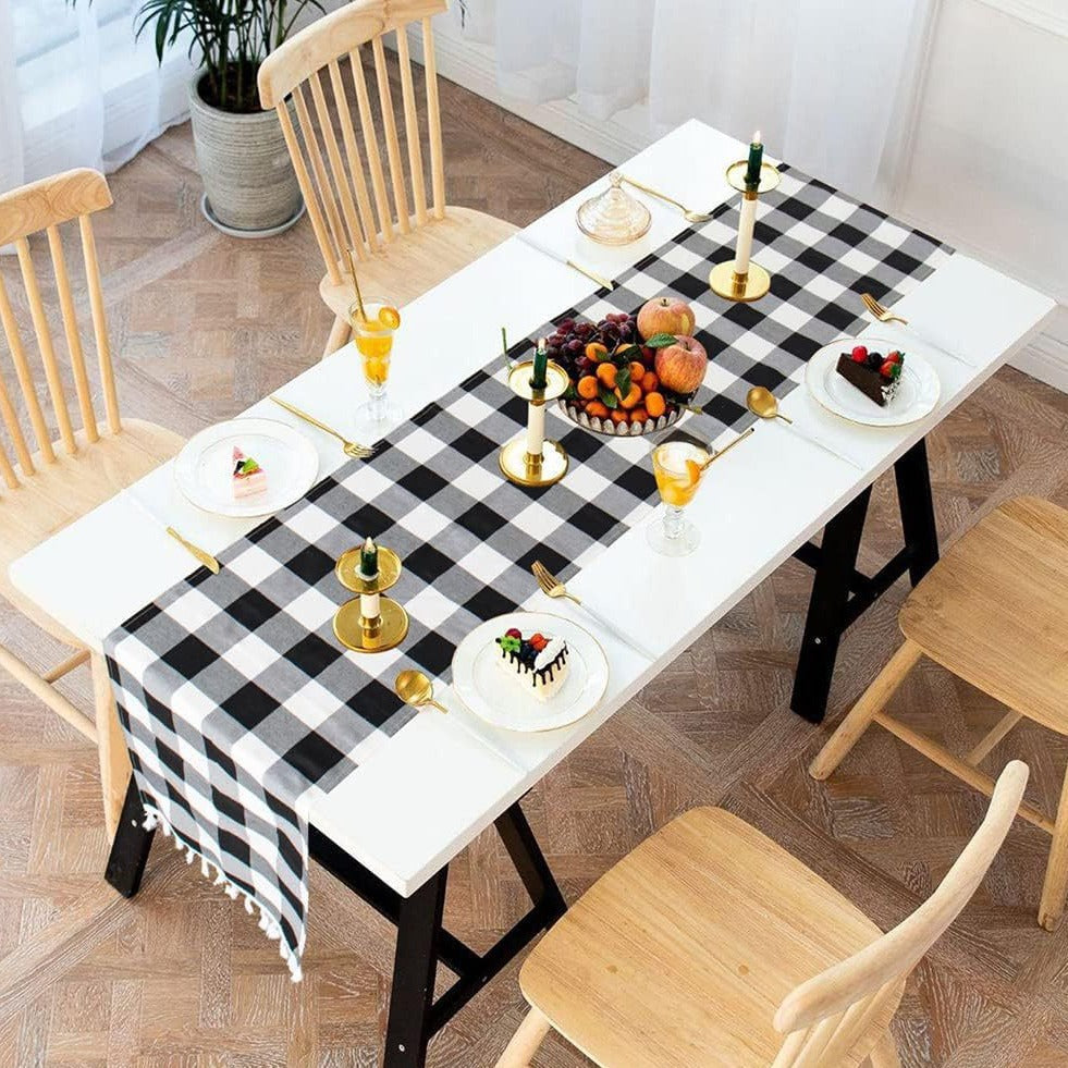 Buffalo Plaid Table Runner, Black White Tassel Dining Table Cover