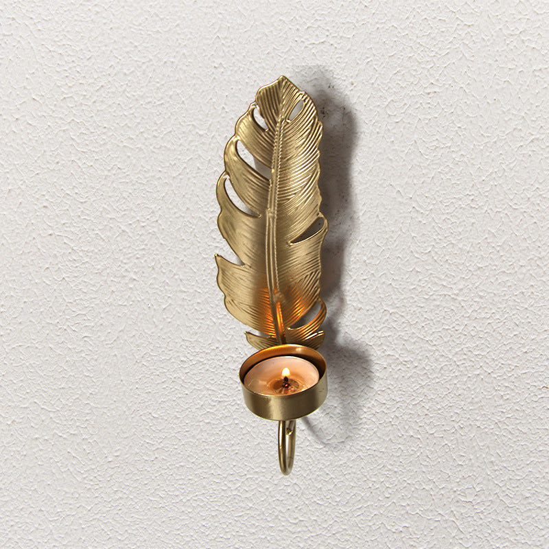 Vintage Feather Wall Candle Sconce – Antique Gold Metal Leaf Candle Holder