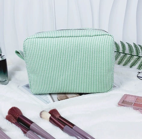Striped Cotton Makeup Bag with Polyester Lining and Zip Closure