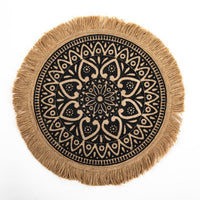 15-Inch Round Jute Placemat – Boho Mandala Printed Table Mat with Fringe, Rustic Farmhouse Dining Décor
