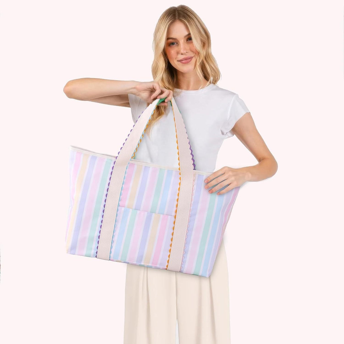 Pastel Striped Mahjong Tote Bag with Ric Rac Trim Handles