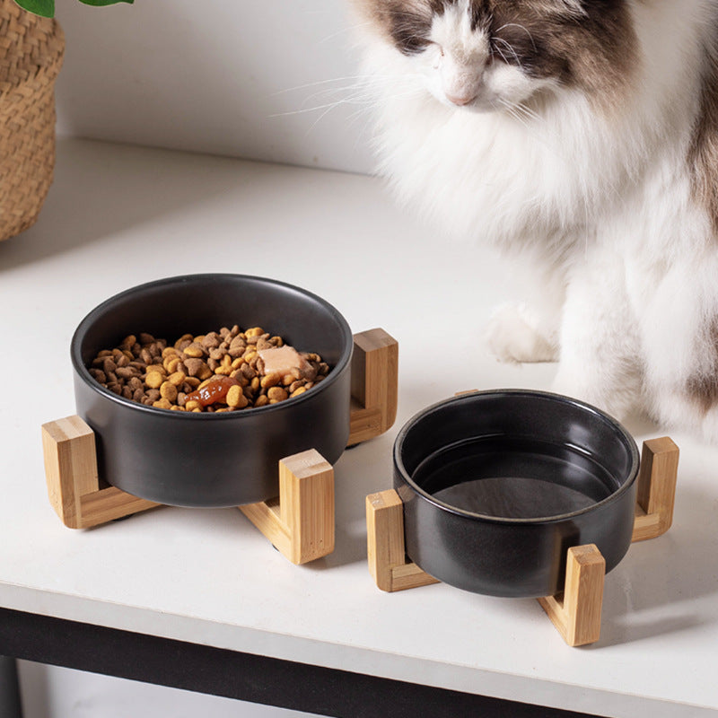 Black Ceramic Cat Bowl Raised Pet Feeding Dish