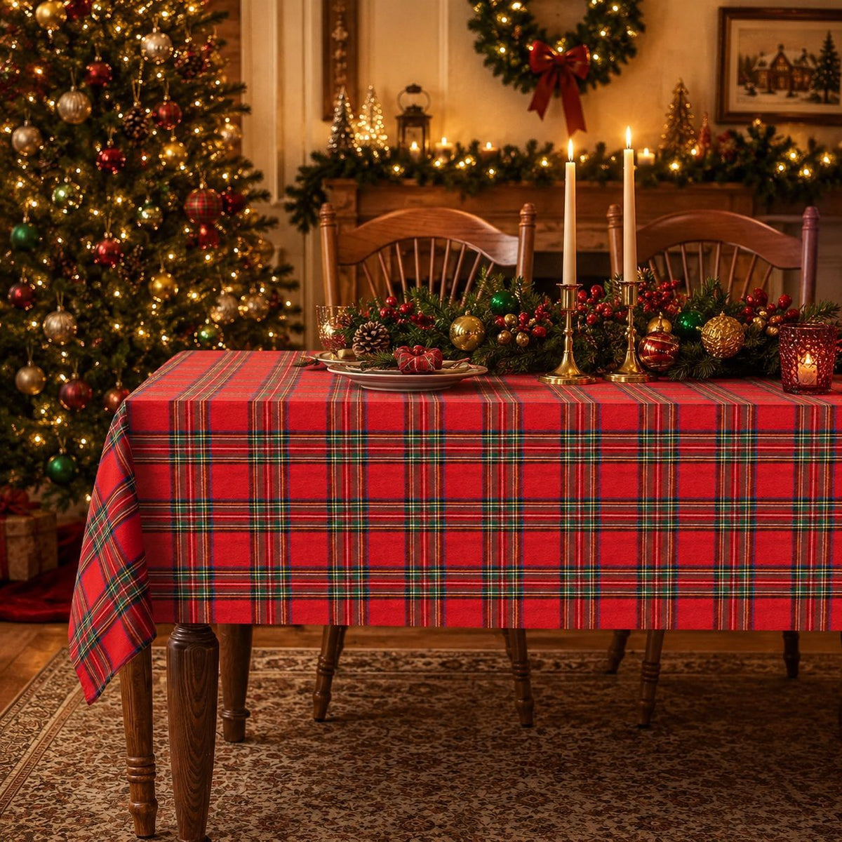 Christmas Tartan Tablecloth – Red Plaid Holiday Dining Table Cover for Christmas Dinner, Party, Fireplace Decor & Festive Home Styling