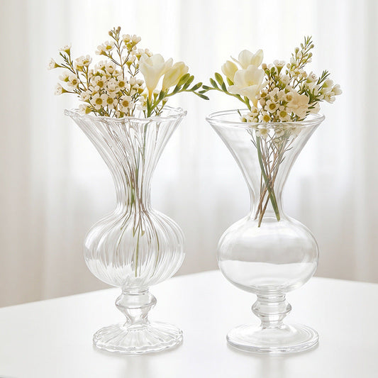 Clear Vintage Flower Vase, Fluted Pedestal Vase for Small Floral Arrangements & Home Decor