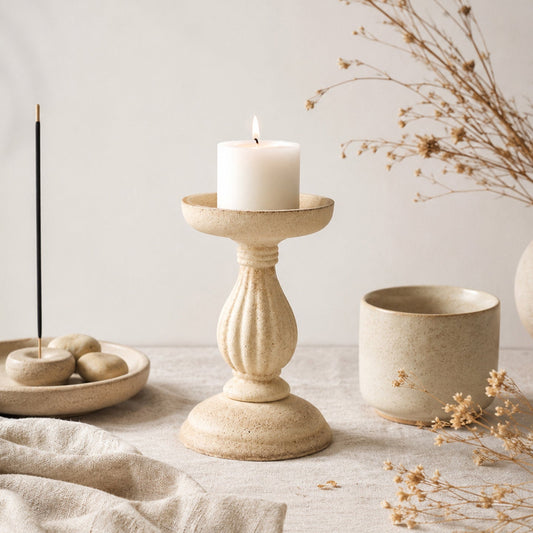 Rustic Raw Wood‑Look Pillar Candle Holder, Vintage Carved Candlestick for Table Decor